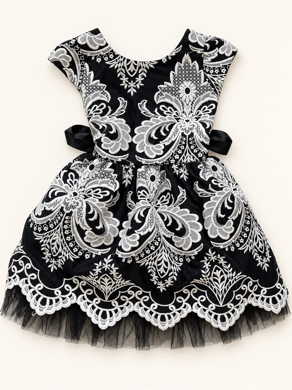 Black & White Lace-Overlay Girls' Party Dress